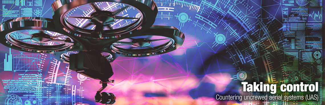 A drone flying surrounded by symbols for technology data and artificial intelligence. Text on image: Taking control Countering uncrewed aerial systems (UAS).