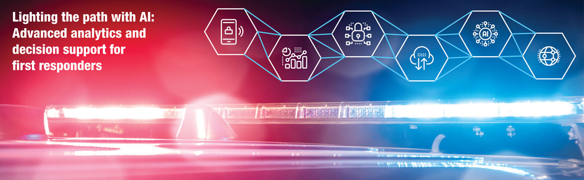 An image of red, white and blue flashing lights on a responder vehicle. Above the lights, there are icons representing various technologies connected with lines. Text on image: Lighting the path with AI: Advanced analytics and decision support for first responders.